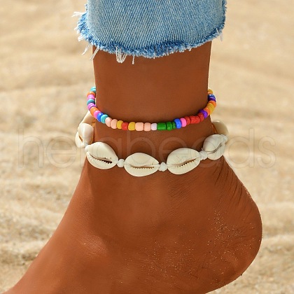 Glass Seed Beaded Stretch Anklets WGF5463-06-1