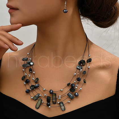Bohemian Style Alloy & Shell Nuggets Beaded Multilayer Necklaces & Dangle Earrings Sets FS-WG9A8A7-03-1