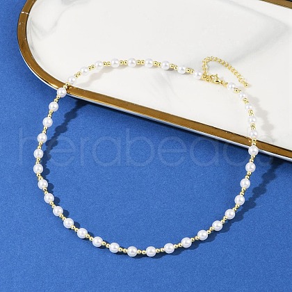 Brass & White ABS Imitation Pearl Handmade Link Chain Necklaces NJEW-M099-01G-1