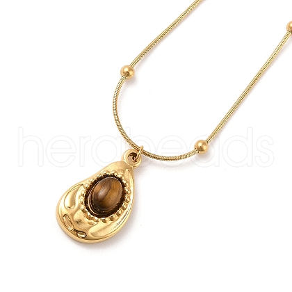 304 Stainless Steel Natural Tiger Eye Pendant Necklaces NJEW-C041-02G-1