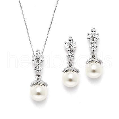 Round Brass Micro Pave Clear Cubic Zirconia with Plastic Pearl Pendant Necklace & Stud Dangle Earring FS-WG1CF3E-02-1