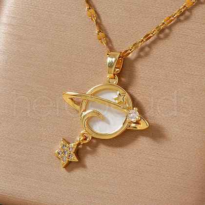 Stylish and Simple Brass Clear Cubic Zirconia Star Moon Planet Pendant Necklaces for Daily Wear OT4703-1-1