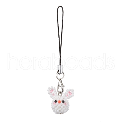 Rabbit Glass Seed Beads Charms Mobile Straps HJEW-MZ00120-1