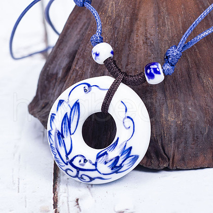 Retro Ethnic Porcelain Pendant Adjustable Polyester Cord Necklaces for Women FS-WGD020A-04-1