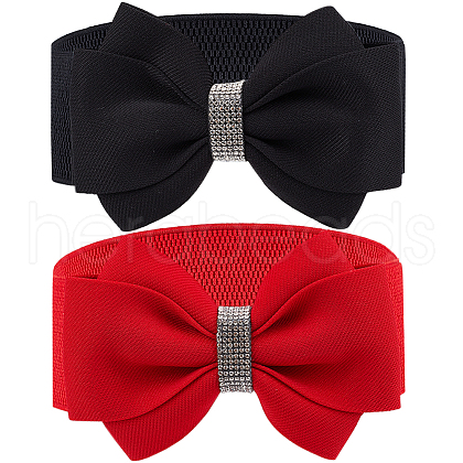 CRASPIRE 2Pcs 2 Colors Cloth Bowknot Sash Tie Elastic Chain Belt with Synthetic Rhinestone AJEW-CP0008-10-1
