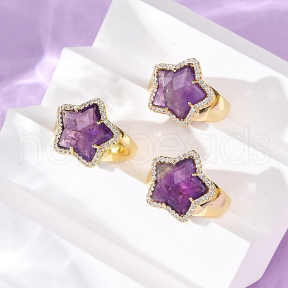 Star Natural Amethyst Cubic Zirconia Cuff Rings RJEW-M076-02G-08-1
