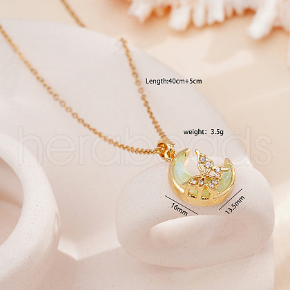 Brass Crystal Rhinestone & Resin Butterfly Moon Pendant Necklaces for Women FS-WG063FB-11-1