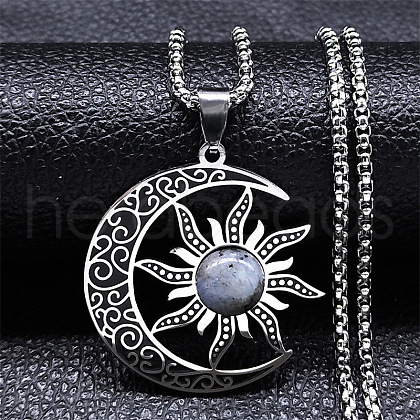 Gothic Moon Sun 304 Stainless Steel Pave Natural Labradorite Pendant Necklaces for Women FS-WG56BEB-04-1
