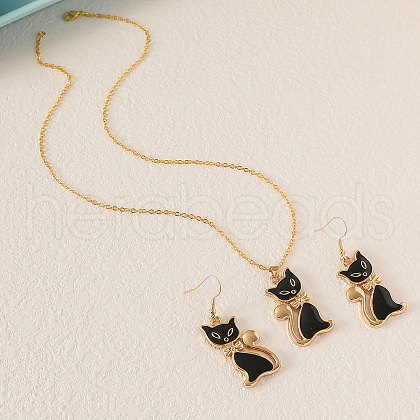 Cat Shape Zinc Alloy Enamel Pendant Necklaces & Dangle Earrings Sets FS-WG2319B-01-1
