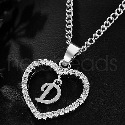 Brass Micro Pave Clear Cubic Zirconia Hollow Heart with Initial Pendant Necklaces WG4069A-09-1