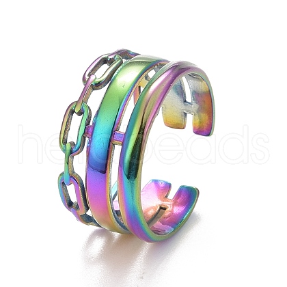 Ion Plating(IP) Rainbow Color 304 Stainless Steel Cable Chain Shape Open Cuff Ring for Women RJEW-C025-28M-1