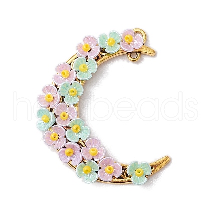 Glass Seed Beads & Resin & Alloy Flower Crescent Moon Connector Charms PALLOY-MZ00603-02-1