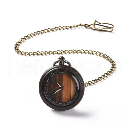 Ebony Wood Pocket Watch with Brass Curb Chain and Clips WACH-D017-A17-01AB-03-1