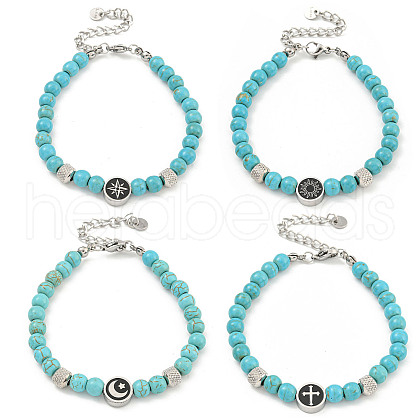 304 Stainless Steel & Synthetic Turquoise Round Beaded Bracelets for Women BJEW-G717-09-1