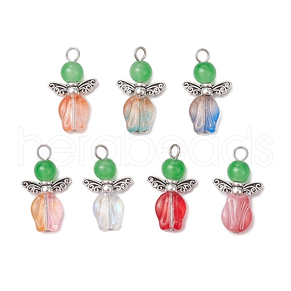 Natural & Dyed Malaysia Jade Bead with Handmade Lampwork Beads and Tibetan Style Alloy Fairy Wing Beads and 304 Stainless Steel Flat Head Pins Pendants PALLOY-JF03620-1