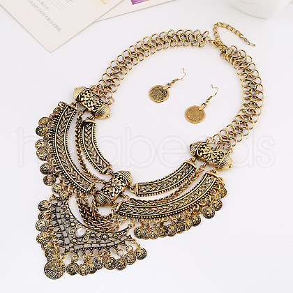 Alloy Coin Tassel Bib Necklaces & Dangle Earrings Sets FS-WG2BAC6-02-1