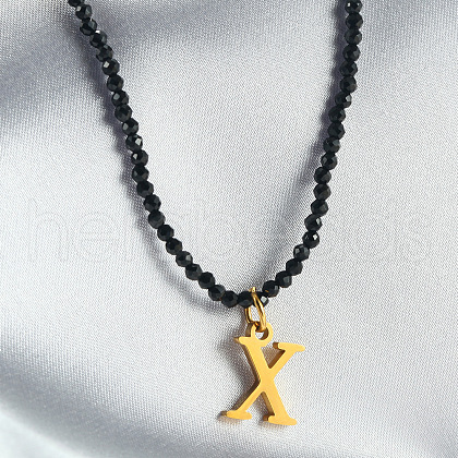 304 Stainless Steel Initial Pendant Black Glass Faceted Round Beaded Pendant Necklaces for Women FS-WGC61DE-24-1