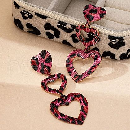 Heart with Leopard Print Alloy Tassel Stud Earrings EJEW-Z112-05G-1