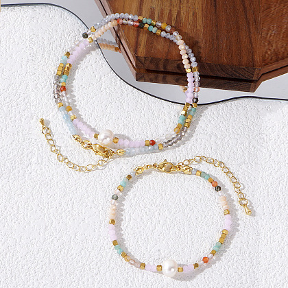 Bohemian Style Gemstone & Imitation Pearl Beaded Bracelets & Necklaces Set for Women WH2669-1