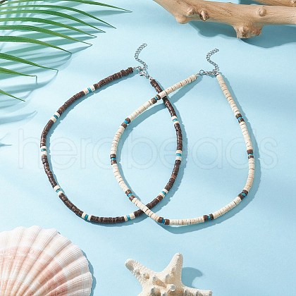 2Pcs 2 Colors Natural Coconut & Natural Magnesite Heishi Beaded Necklaces NJEW-JN05308-1