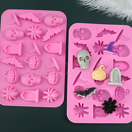 Halloween Theme Tombstone/Skull/Bat Cake Decoration Food Grade Silicone Molds DIY-E067-04-1