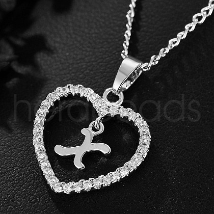 Brass Micro Pave Clear Cubic Zirconia Hollow Heart with Initial Pendant Necklaces WG4069A-05-1
