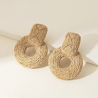 Rectangle with Flat Round Alloy Raffia Dangle Stud Earrings FS-WGEAAFD-06-1