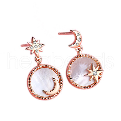 Natural Shell Moon & Star Asymmetrical Earrings with Clear Cubic Zirconia MOST-PW0001-061G-1