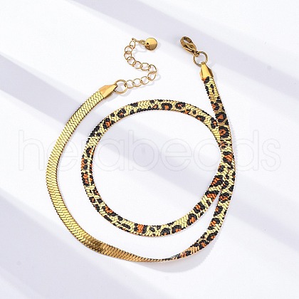 304 Stainless Steel Leopard Print Flat Snake Chain Necklaces for Women NJEW-A044-02B-G-01-1