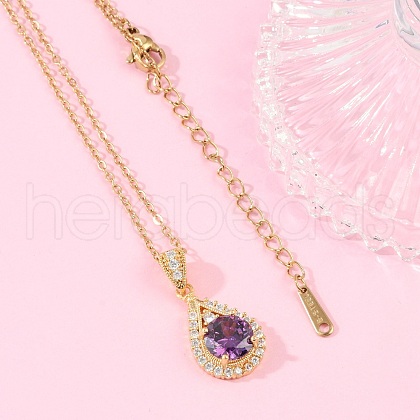 Teardrop Brass Micro Pave Cubic Zirconia Pendant Neckalces NJEW-C076-23G-1