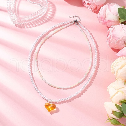 Acrylic Heart Pendant ABS Plastic Imitation Pearl & Glass Seed Beaded Double Layer Necklaces NJEW-JN05290-02-1