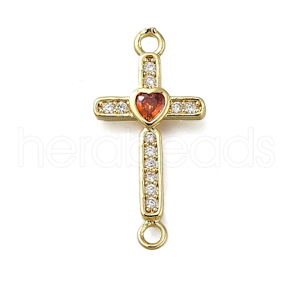 Brass Orange Red Cubic Zirconia Cross Connector Charms ZIRC-I070-018G-1