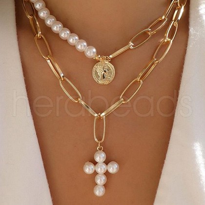 Cross Alloy with Plastic Pearl Pendant Necklaces WGAF0E8-01-1