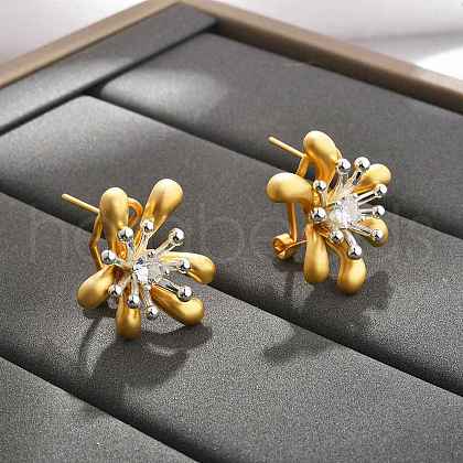 Brass Micro Pave Clear Cubic Zirconia Stud Earrings EJEW-S270-02B-GS-1