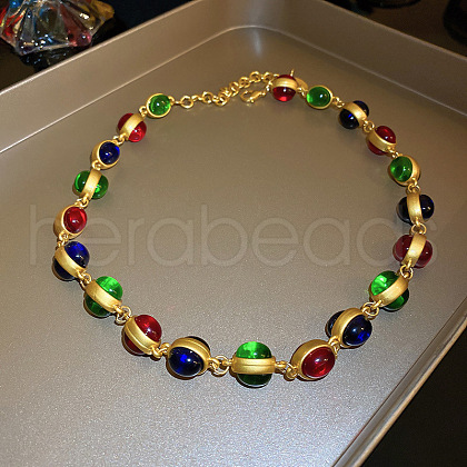 Medieval-Style Alloy Pave Colorful Resin Round Link Chain Choker Necklaces for Women FS-WG60C09-02-1