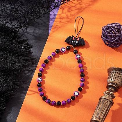 Halloween Round Glass Pearl & Glass & Handmade Polymer Clay Ghost & Silicone Focal Bat Beaded Phone Hand Strap Chains HJEW-MZ00279-1