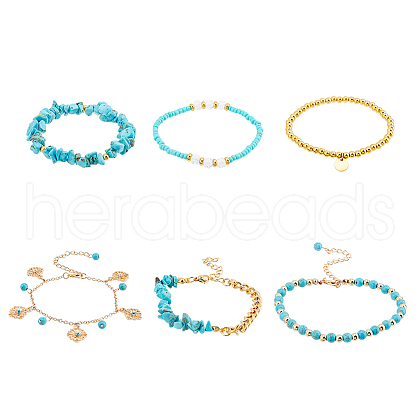 FIBLOOM 6Pcs 6 Style Alloy Flower Charm Bracelets Set BJEW-FI0001-79-1