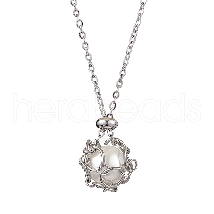 Round Shell Pearl Macrame Pouch Pendant Necklaces NJEW-JN04955-02-1