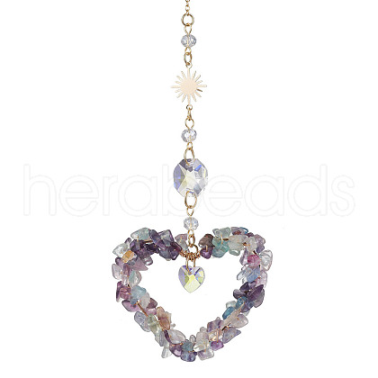Heart Natural Fluorite Chip Pendant Drcorations HJEW-JM01651-04-1