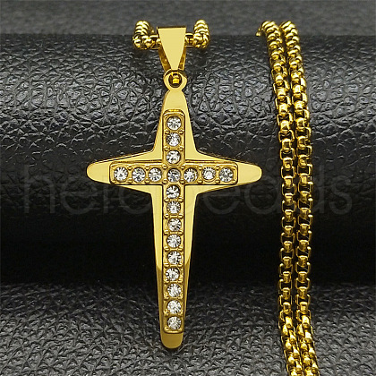 304 Stainless Steel Crystal Rhinestone Religion Cross Pendant Necklaces NJEW-H065-11G-1