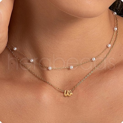 2Pcs 304 Stainless Steel & White Plastic Imitation Pearl Letter Pendant Double Layer Necklaces FS-WG86091-23-1