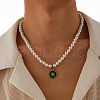 Flat Round with Sun Alloy Pave Synthetic Turquoise Pendant White Round Plastic Imitation Pearl Beaded Necklaces for Men FS-WG1EB0C-01-1