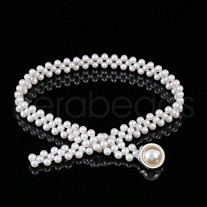 White Acrylic Pearl Beaded Elastic Chain Belts with Alloy Buckles WG1BD5E-02-1