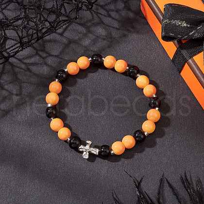 Halloween Theme Baking Painted Glass Round Beads Stretch Bracelets for Women BJEW-MZ00186-03-1