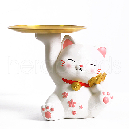 Resin Lucky Cat Sculpture with Hallway Key Storage Tray DJEW-PW0012-084D-1