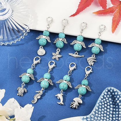 Angel Synthetic Turquoise Beads & Alloy Sea Animal Pendant Decorations HJEW-JM03074-1