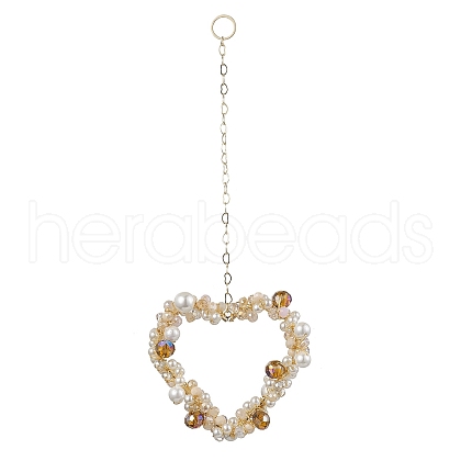 Heart Glass & Shell Pearl Beads Pendant Decorations HJEW-JM01984-1