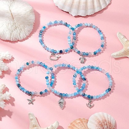 5Pcs 5 Styles Ocean Series Alloy Charm Bracelets BJEW-JB11726-1