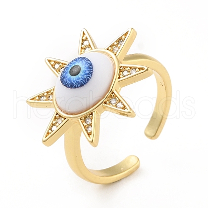Cubic Zirconia Sun with Evil Eye Open Cuff Ring with Acrylic RJEW-B042-09G-02-1
