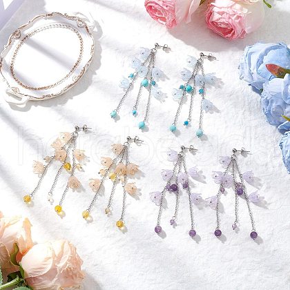 3Pairs Acrylic Flower Tassel Stud Earrings EJEW-TA00648-1